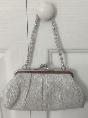 La Regale Silver Sparkle Evening Clutch with Beaded Strap